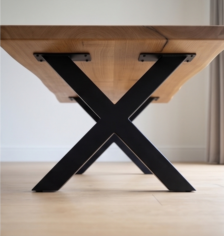 The black steel X base of a Timber Row French oak coffee table, seen from the end