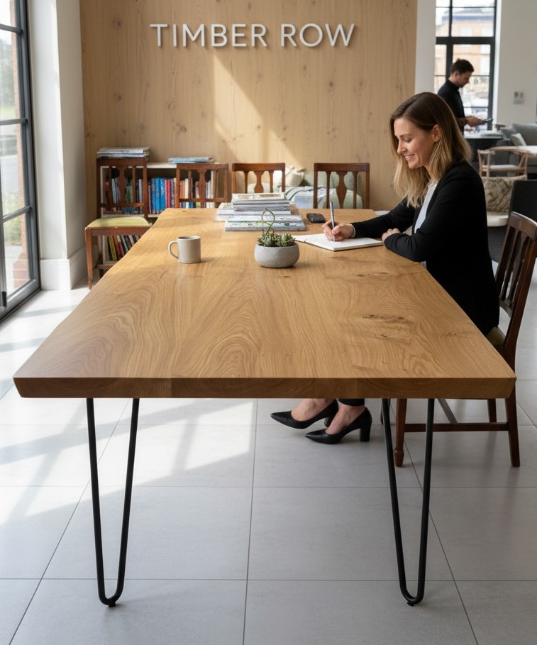 The Timber Row 4-seater French oak dining table in a small kitchen