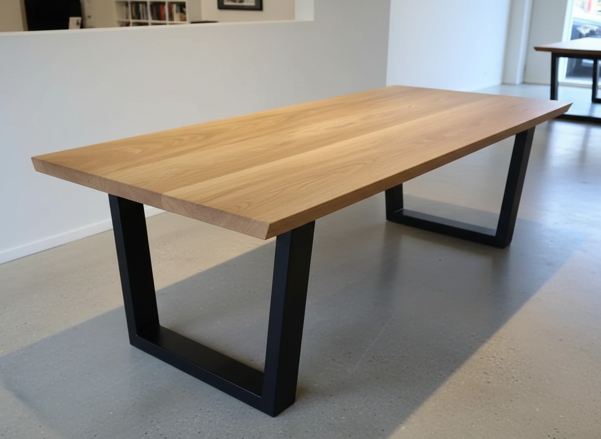 Solid French oak table on a black steel box base in the Timber Row showroom, with a second table behind.