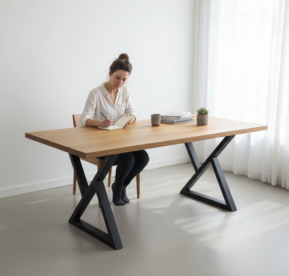 A solid French oak dining table with black steel legs in a Sussex living space