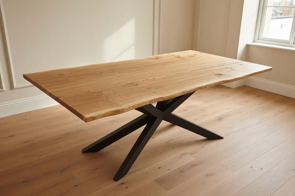 The Darney: a 220 × 110cm solid French oak dining table, live edge, natural oil finish, on Spider base in black
