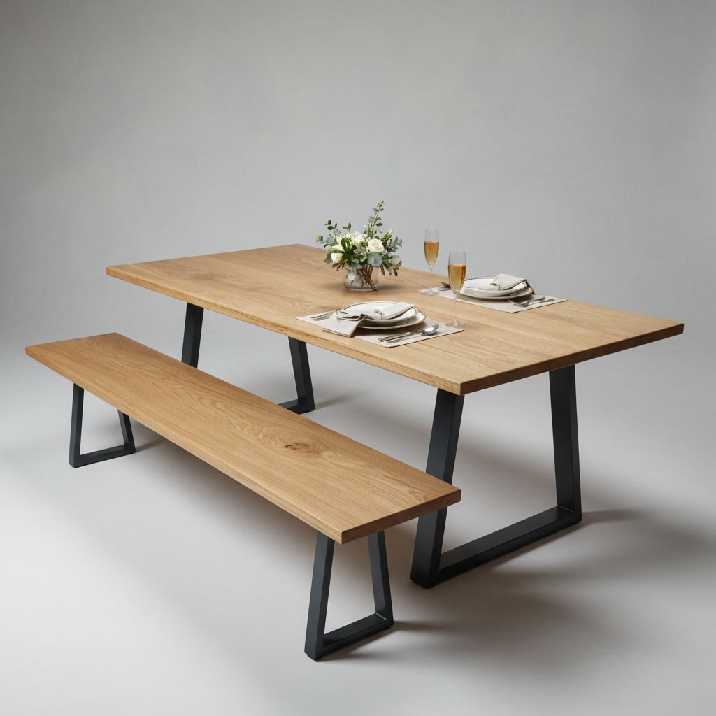 The Tronçais: a 220 × 100cm solid French oak dining table, straight edge, natural oil finish, on Trapezium legs in anthracite grey
